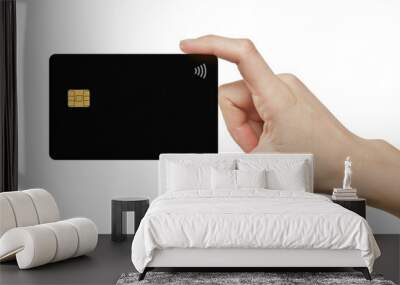 hand holding out a credit card on a white background Wall mural