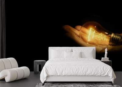 incandescent light bulb in a hand on black background Wall mural