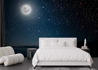 moon against a bright night starry sky reflected in the sea. Wall mural