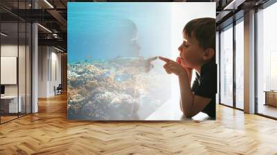 the child looks out the window on fish and the coral bottom in the aquarium Wall mural