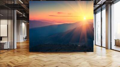 Panoramic view of  colorful sunrise in mountains. Filtered image:cross processed vintage effect. Wall mural