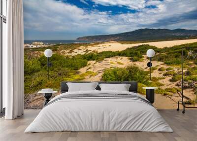 View of sand dunes on the Guincho beach near Atlantic coast. Landscape of sunny day, blue sky and a mountain in background. Cascais. Portugal. Wall mural