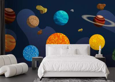 Vector collection color planets, meteor craters on cartoon moon, asteroids and stars. Wall mural