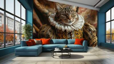 A grey cat in a vintage Renaissance dress. Luxury and idleness concept. Generated by artificial intelligence Wall mural