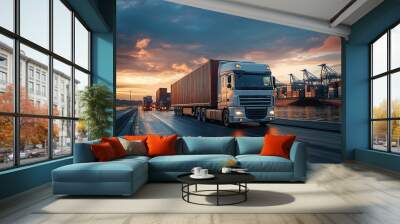 A truck on the road near the port is loaded with a container. Cargo road and sea transportation. Processing of logistics transportation. Wall mural