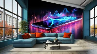 Abstract image of neon sound waves over a smartphone on a dark background. Music and entertainment concept. Generated by artificial intelligence Wall mural