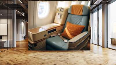 Airplane cabin interior with empty comfortable seats in first class with windows. Air transport. Generated by artificial intelligence Wall mural