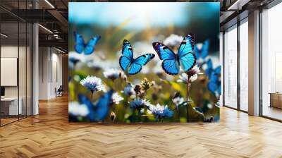 Blue butterflies fly over a field against a blue sky. Generated by artificial intelligence Wall mural