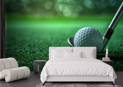 Close-up of a golf ball and club in the practice room. Generated by artificial intelligence Wall mural