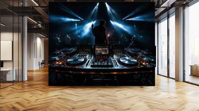 DJ console in the light of spotlights and neon lights. Music and nightlife Wall mural