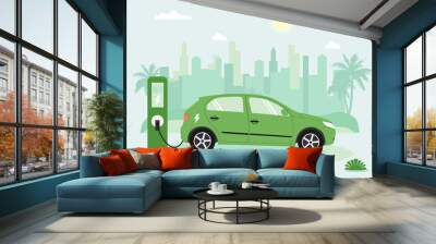 Electric green car charging its battery with natural landscape. Vector illustration in flat style. Wall mural