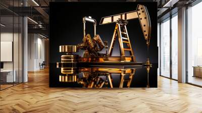 Gold model of an oil pump on a black mirror background. Oil industry. Generated by artificial intelligence Wall mural