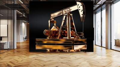 Gold model of an oil pump on a black mirror background. Oil industry. Generated by artificial intelligence Wall mural