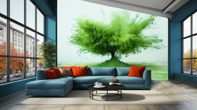 Image of an explosion of green powder or sand in the form of a tree on a white background. Wall mural