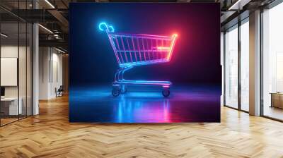 Metal shopping cart with neon glow on dark background. Shopping concept, online shopping and black friday. Wall mural