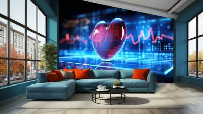 Neon heart on the background of a blurred screen with heart rate waves. Concept of medicine and health preservation. Generated by artificial intelligence Wall mural