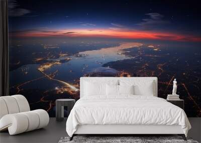 Night city lights, night city, view from space. Generated by artificial intelligence Wall mural