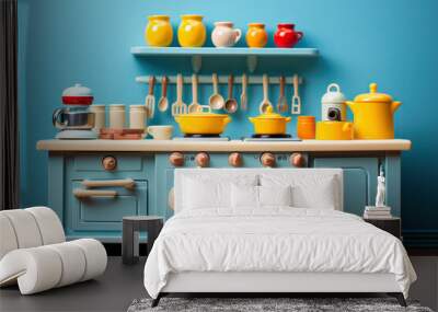 Plastic kitchen set for children. Plastic kitchen with kitchen utensils. Generated by artificial intelligence Wall mural