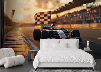 Race car on the track with the winner's flag. Photo in motion. Generated by artificial intelligence Wall mural