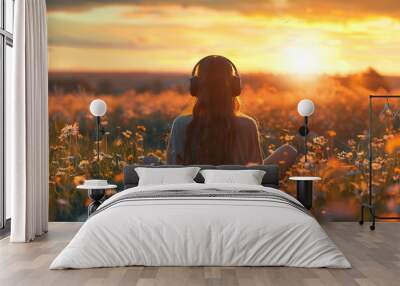 Rear view of a girl with long hair in large headphones sitting in a field of flowers at dawn, sunset. Generated by artificial intelligence Wall mural