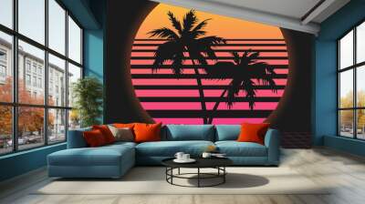 Retro futuristic background 1980s style. Digital palm tree on a cyber ocean in the computer world. Palm trees on the background of sunset .Vector Wall mural