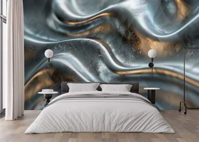 Silver chrome metal texture with waves. Liquid metallic silk wavy design. Generated by artificial intelligence Wall mural