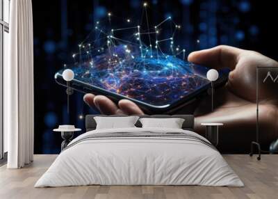 Smart phone, future technologies in mobile phone. Human hand with smart phone. Artificial intelligence concept Wall mural