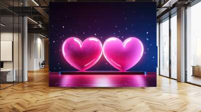 Two large pink hearts with a neon glow on a blue background. Valentine's Day concept. Generated by artificial intelligence Wall mural