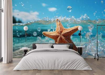 Underwater photo of a starfish with a splash of water. Generated by artificial intelligence Wall mural