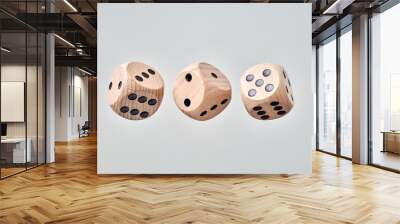 Abstract floating wooden dice on white background Wall mural