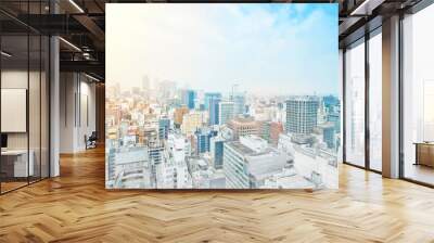 Asia Business concept - panoramic modern cityscape building bird eye aerial view under sunrise and morning blue bright sky from Nagoya TV Tower in Nagoya, Japan mix hand drawn sketch illustration Wall mural