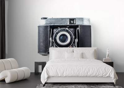 Top view of vintage cameras on white background Wall mural