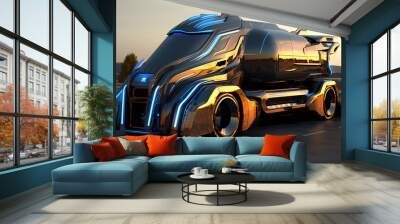 Futuristic Electric Truck Concept Illustration on Highway. Blurred background. Wall mural