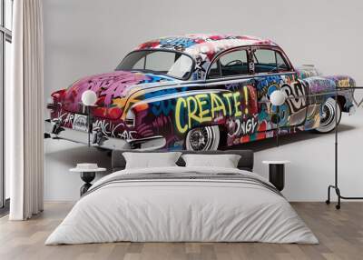 Retro Car with Graffiti and the Word Create! Written on It. Realistic vintage car concept illustration. Wall mural