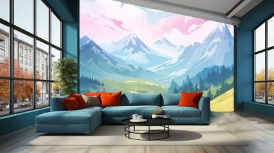 Summer Mountains Meadows. Children's book illustration in cartoon style. Wall mural