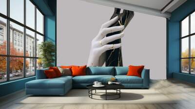 Black and white sculpture with gold cracks, hands gesture art concept, 3d rendering Wall mural