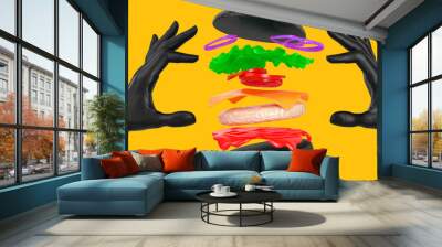 Black hands and flying separate hamburger abstract colorful ingredient layers isolated on yellow background. Eating junk food creative design concept. 3d illustration Wall mural