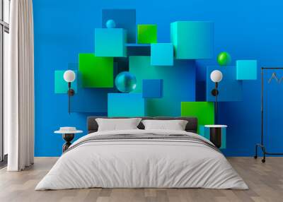 Chaotic cubes with copy space. Blue green abstract geometric background.  3d rendering cubic minimal composition for corporate design template. Wall mural