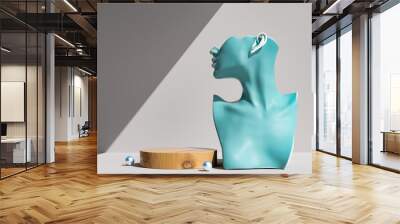 Female Mannequin bust and wood texture poduim, display stand, product setting and showcase background for cosmetics. 3d rendering. Wall mural