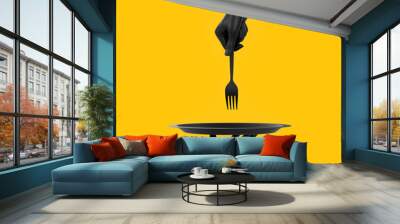 Illustration of hands holding plate and fork on yellow background Wall mural