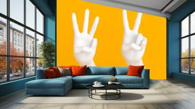 One, two, three, four fingers hand gesture, number 1, 2, 3, 4 arm sculptures isolated on yellow, 3d rendering, Wall mural