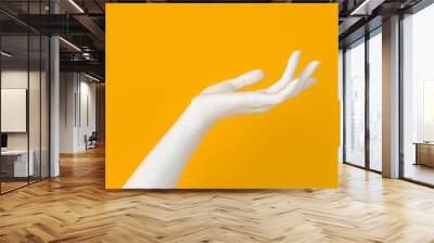 Showing hand. White open palm presenting gesture isolated on yellow background, female hand sculpture, art fashion concept, modern promo creative banner, 3d rendering, Wall mural