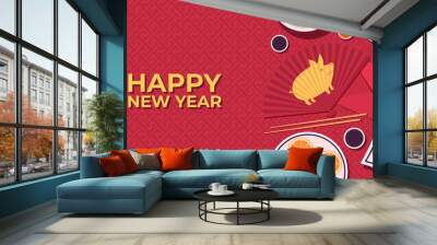 Chinese new year festive dinner. Chinese food on a ornament background. Template for poster or web site banner. Vector illustration (Chinese Translation: Chinese new year/spring festival ) Wall mural