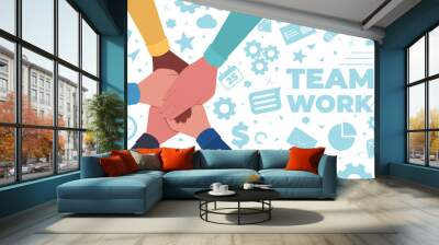 Hands together. Symbol of teamwork and unity. People putting their hands together on a icons background. Top view. Vector flat illustration Wall mural