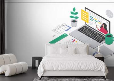 Online education isometric concept. Online courses or school. The teacher leads the lesson 1-2 Wall mural