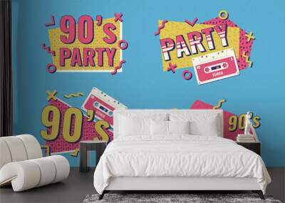 Retro poster. Nineties music, vintage tape cassette. 90s poster. Nineties Party. Wall mural