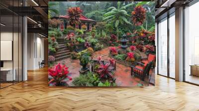 Lush tropical garden with vibrant red and green foliage creating an exotic and serene outdoor setting with a rich and colorful landscape. Wall mural