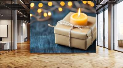 Single glowing candle tied with twine, set on a rustic wooden surface with glowing bokeh lights in the background, evoking warmth and simplicity during the holiday season. Wall mural