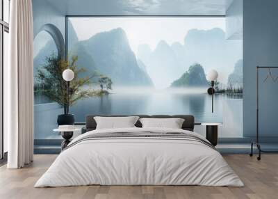 A tranquil view of the sea through the window with morning mist and reflection of the blue sky Wall mural