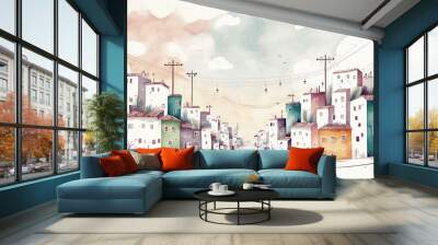 Architectural building watercolor hand drawn landscapes colorful background environment sketch Generative AI Wall mural